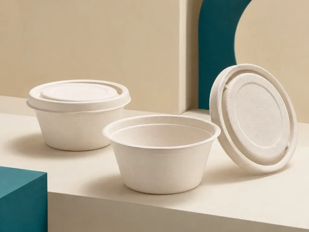 Bagasse food bowl with matching lid for takeaway and delivery