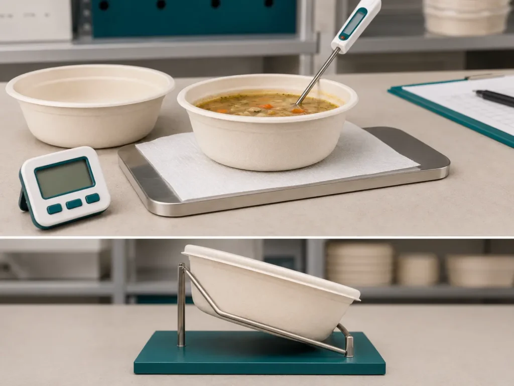 Testing a bagasse bowl with hot liquid for leakage and softening