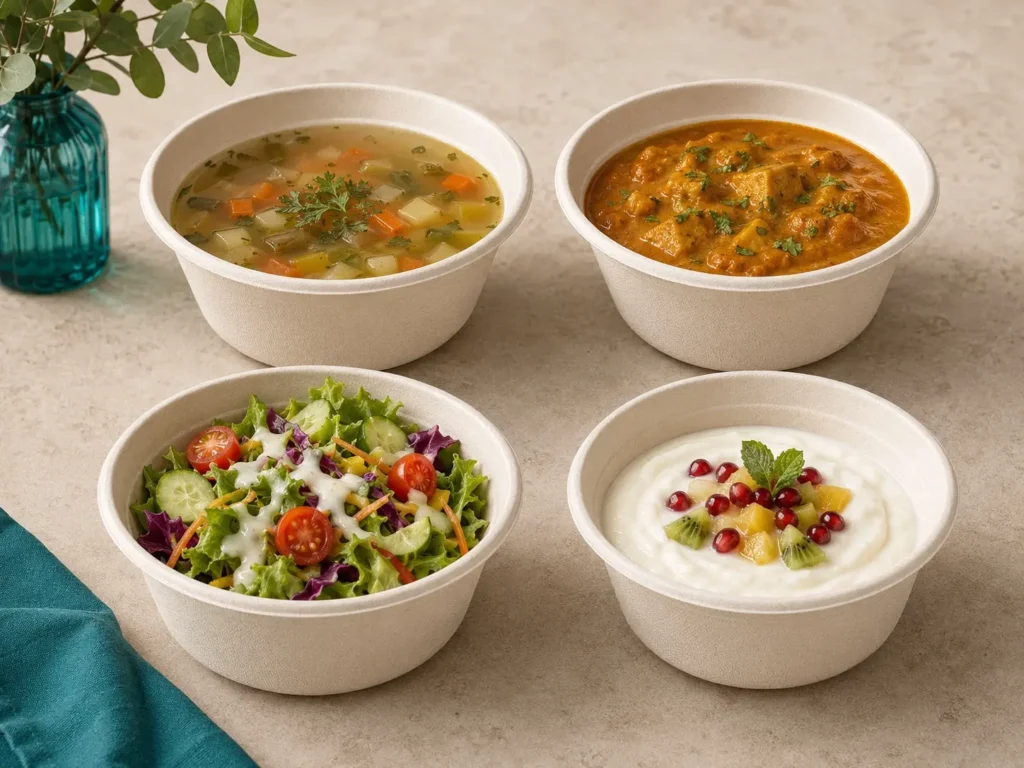 Bagasse bowls used for soup, curry, salad and sauce-based food