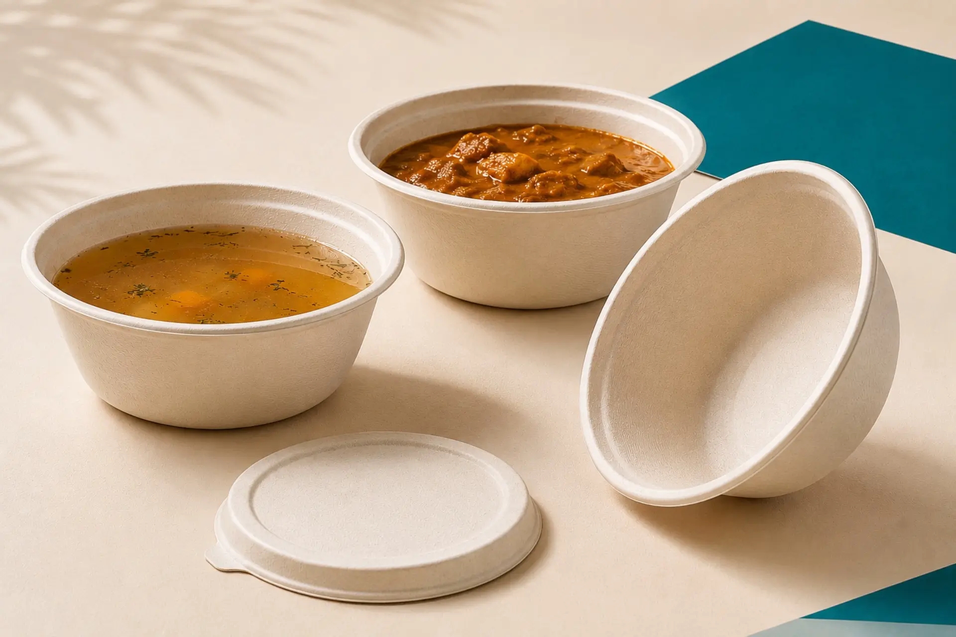 Bagasse bowls holding soup and liquid foods for takeaway packaging