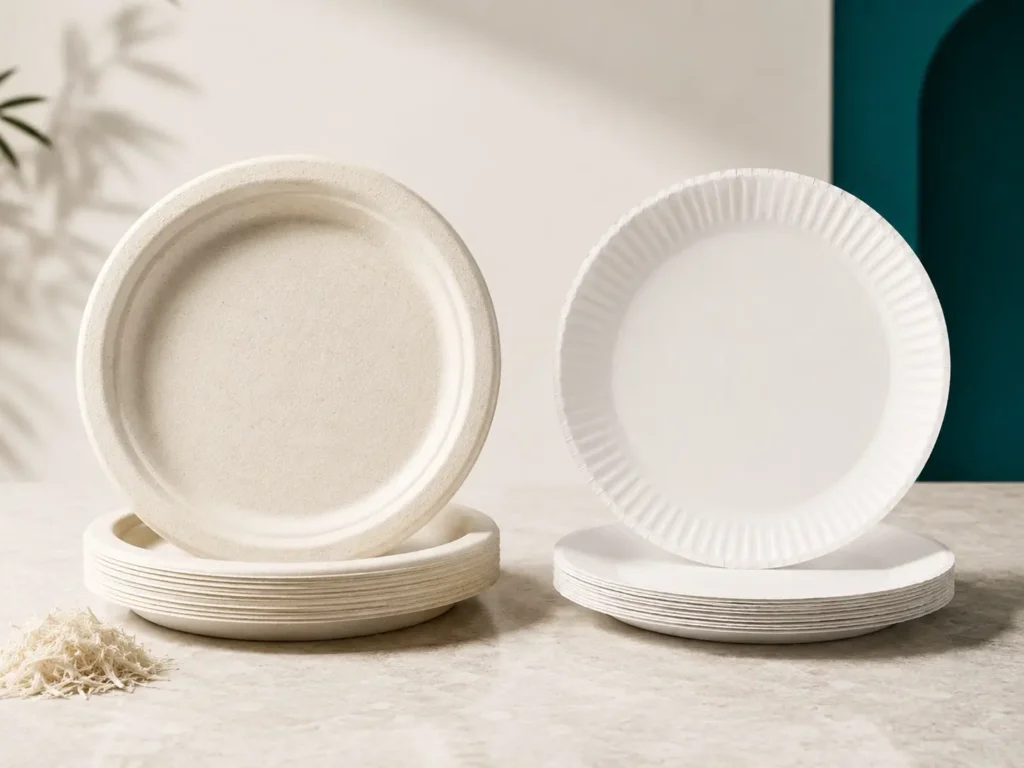Geformte Teller aus Zuckerrohrbagasse im Vergleich zu dünnen Papptellern