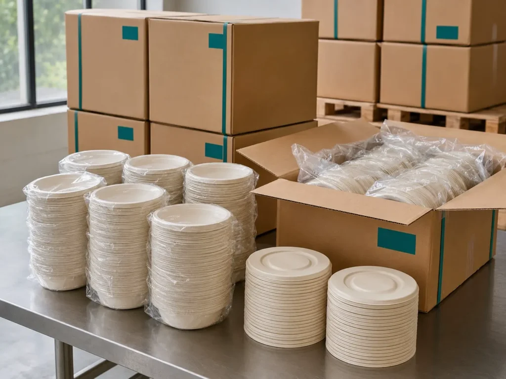 Stacks of wholesale bagasse bowls prepared for export packing