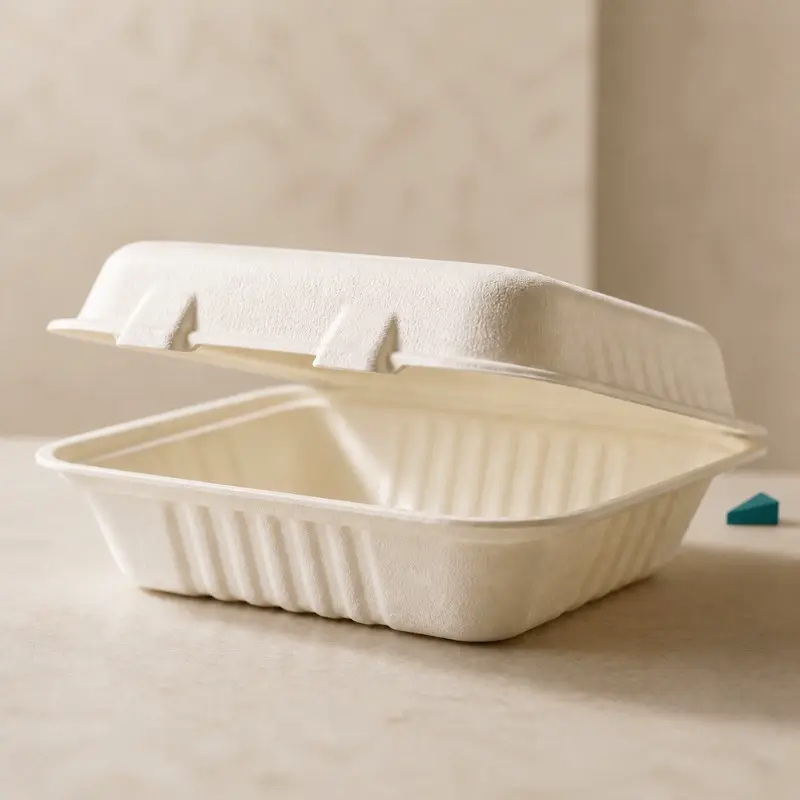 Three closed 8x8 inch sugarcane bagasse clamshell takeout boxes stacked for food service