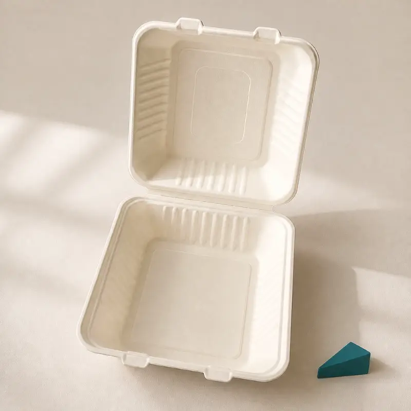 Top view of an open 8x8 inch single-compartment sugarcane bagasse clamshell