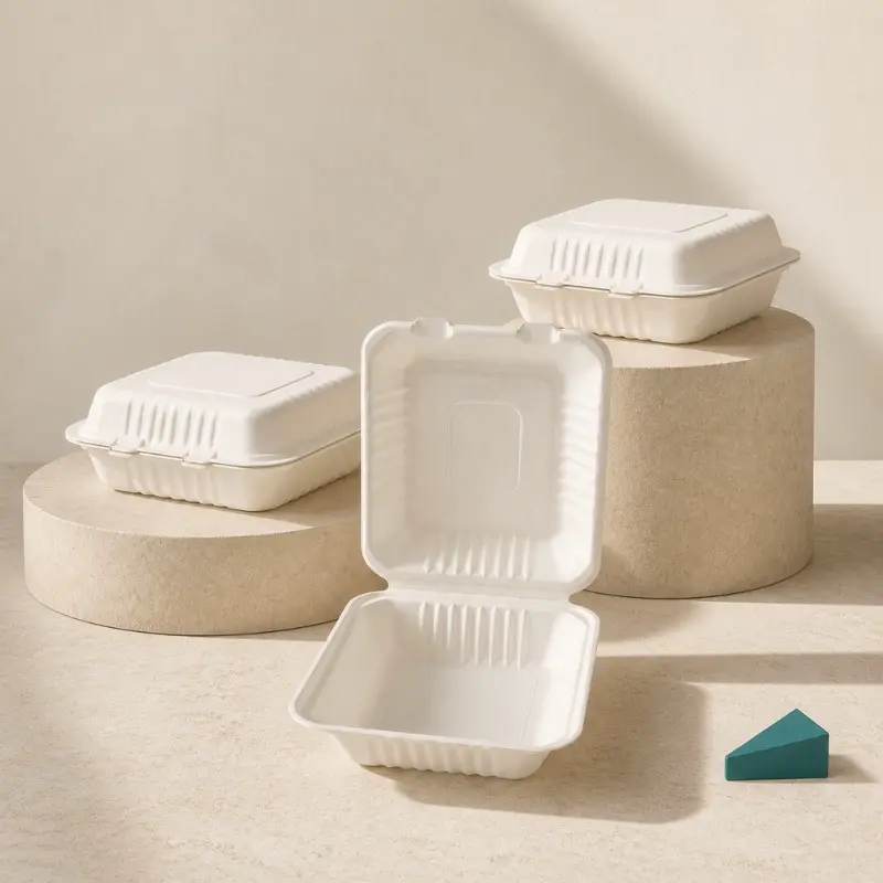 Open and closed 8x8 inch single-compartment bagasse clamshell boxes displayed together
