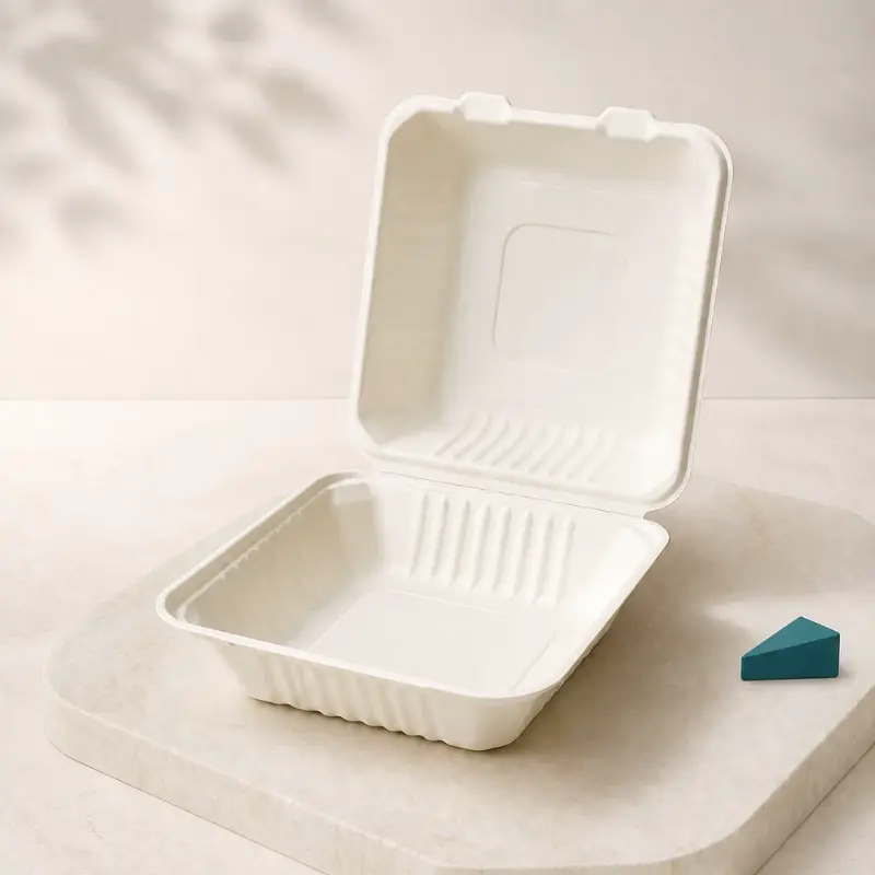 Open 8x8 inch sugarcane bagasse clamshell takeout box with a single compartment