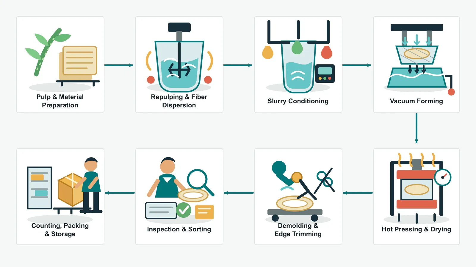 Eight-stage bagasse tableware production process from pulp preparation to packing