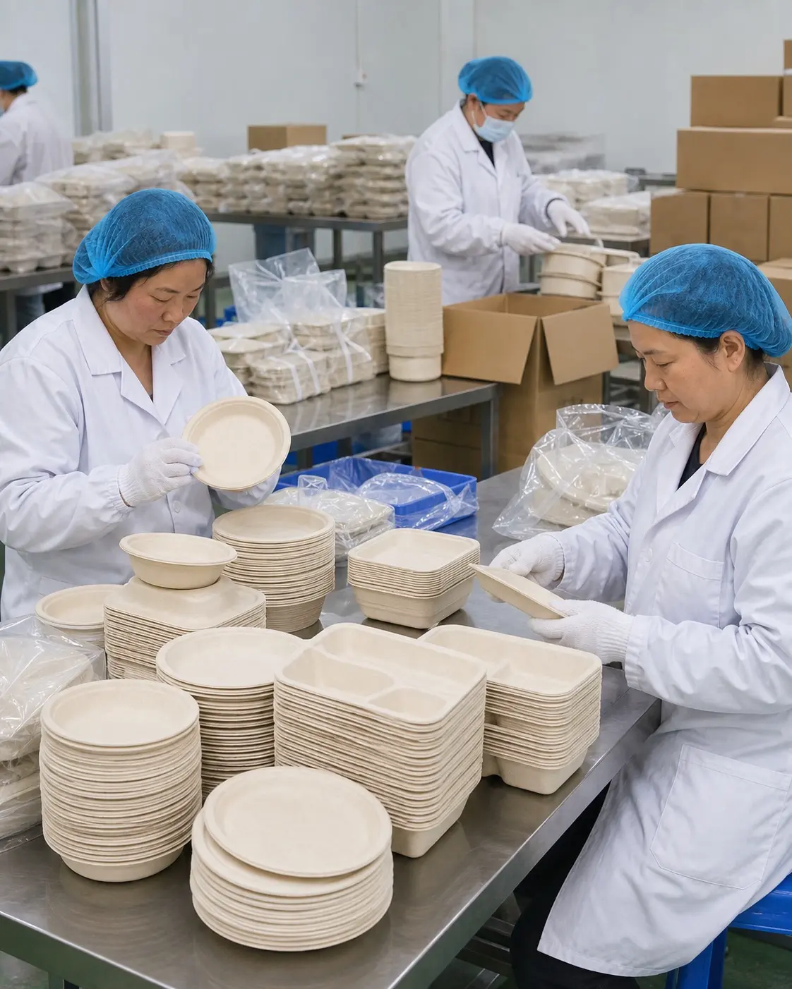 Workers trimming inspecting and packing finished bagasse tableware in a clean workshop