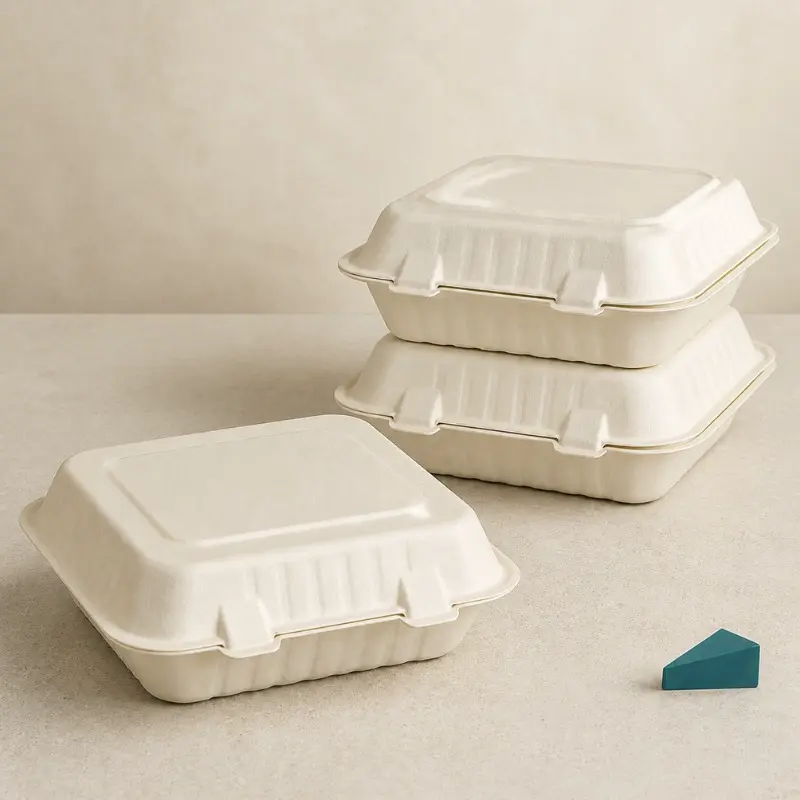 Close-up of the molded fiber texture, ribbed sidewalls and tab closure of an 8x8 inch bagasse clamshell
