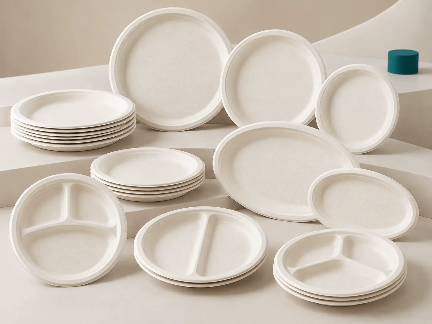 Bagasse plates in multiple sizes and shapes