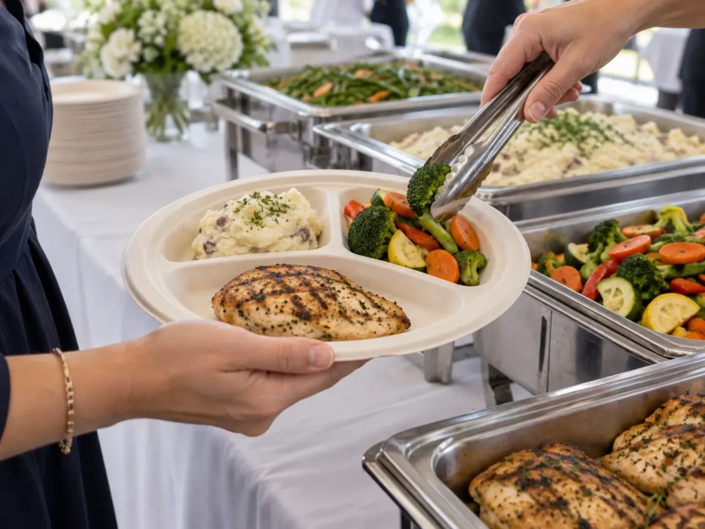 Buffet guest placing several foods on a divided bagasse plate