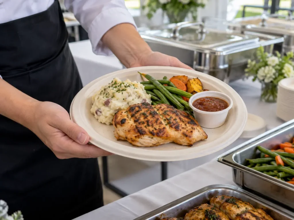 Catering Meal Served on a Bagasse Plate