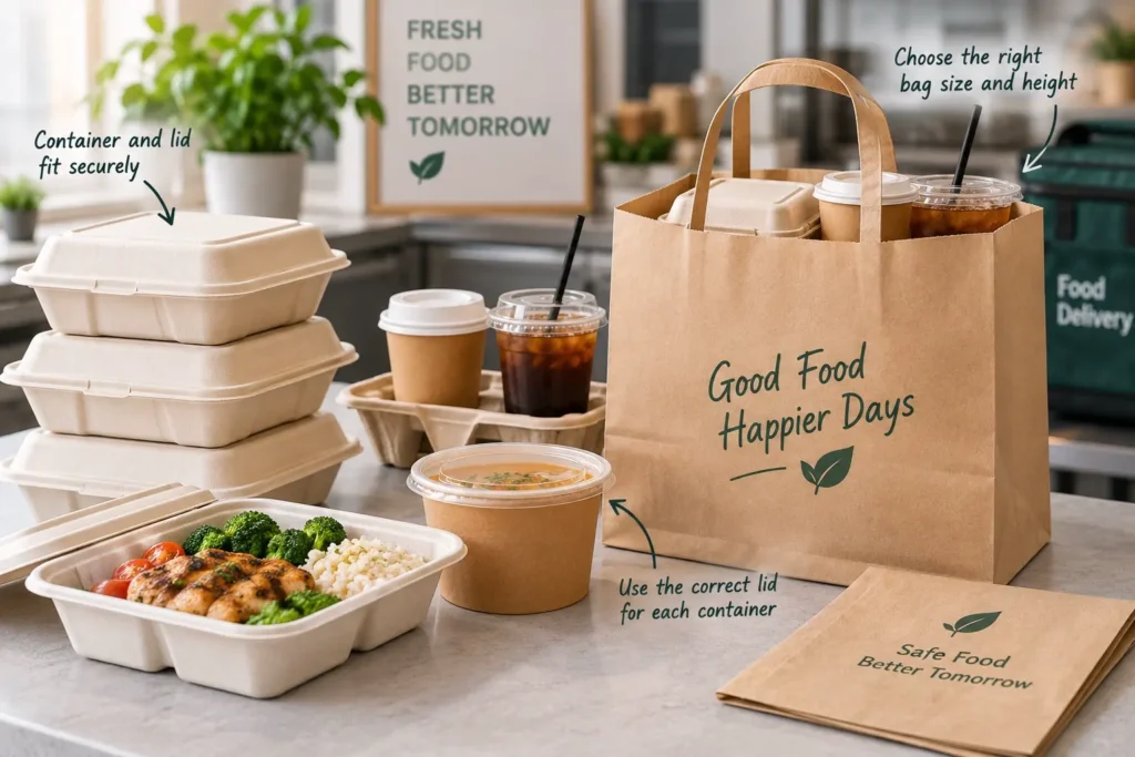 Système complet d'emballage pour la livraison de repas, comprenant des récipients, des couvercles et des sacs