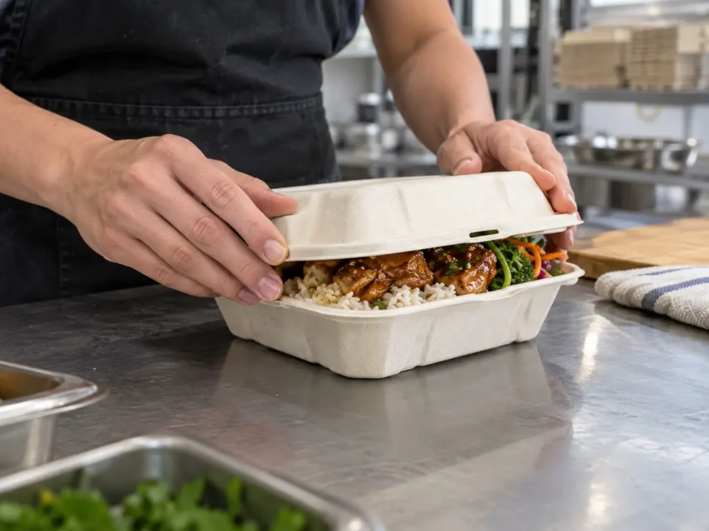 Un employé de restaurant tente de fermer un récipient de bagasse trop rempli