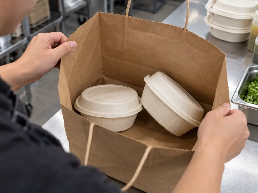 Des récipients alimentaires fermés qui se renversent à l'intérieur d'un sac de livraison en papier kraft surdimensionné
