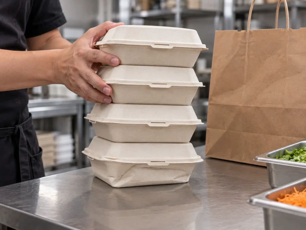 Pile de récipients alimentaires en bagasse remplis qui exercent une pression sur le récipient du bas