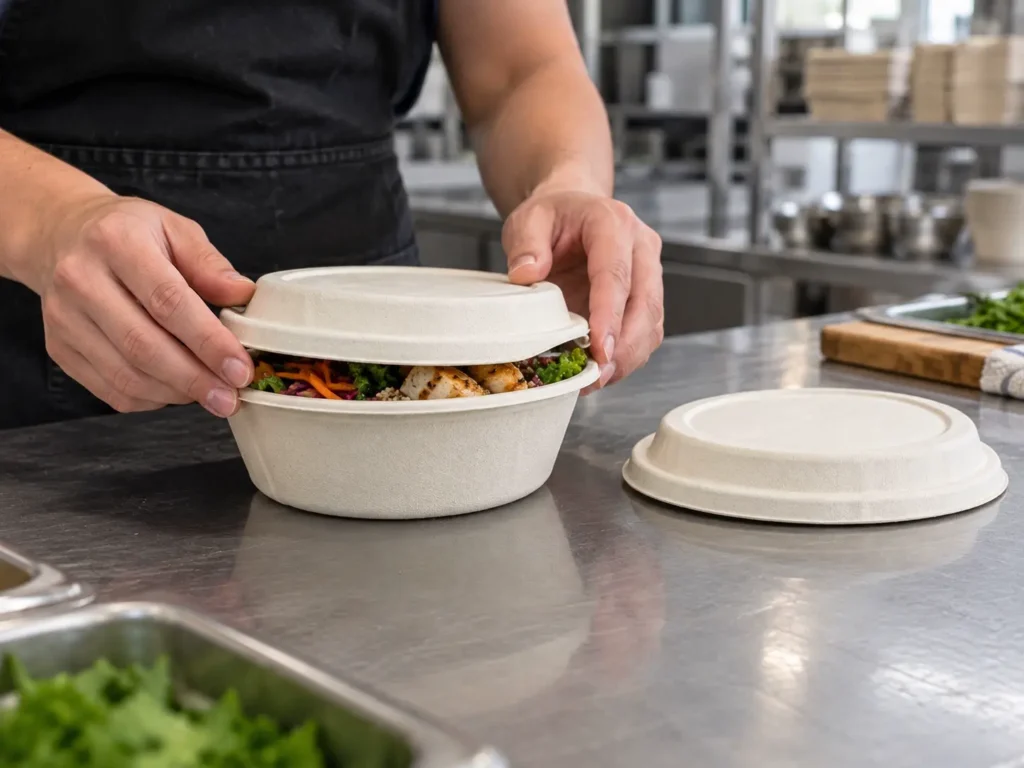 Un employé de restaurant vérifie si un couvercle n'est pas de la bonne taille pour un bol alimentaire en fibre moulée