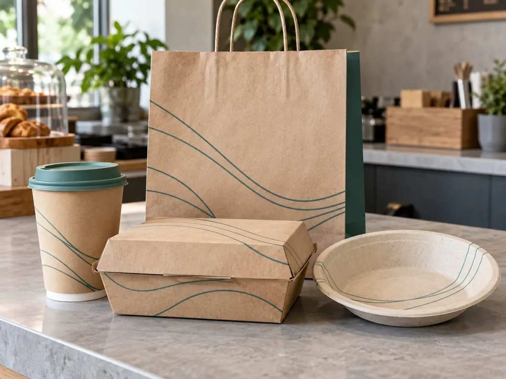 Coordinated paper cups, food boxes, bags and molded fiber tableware with one brand design