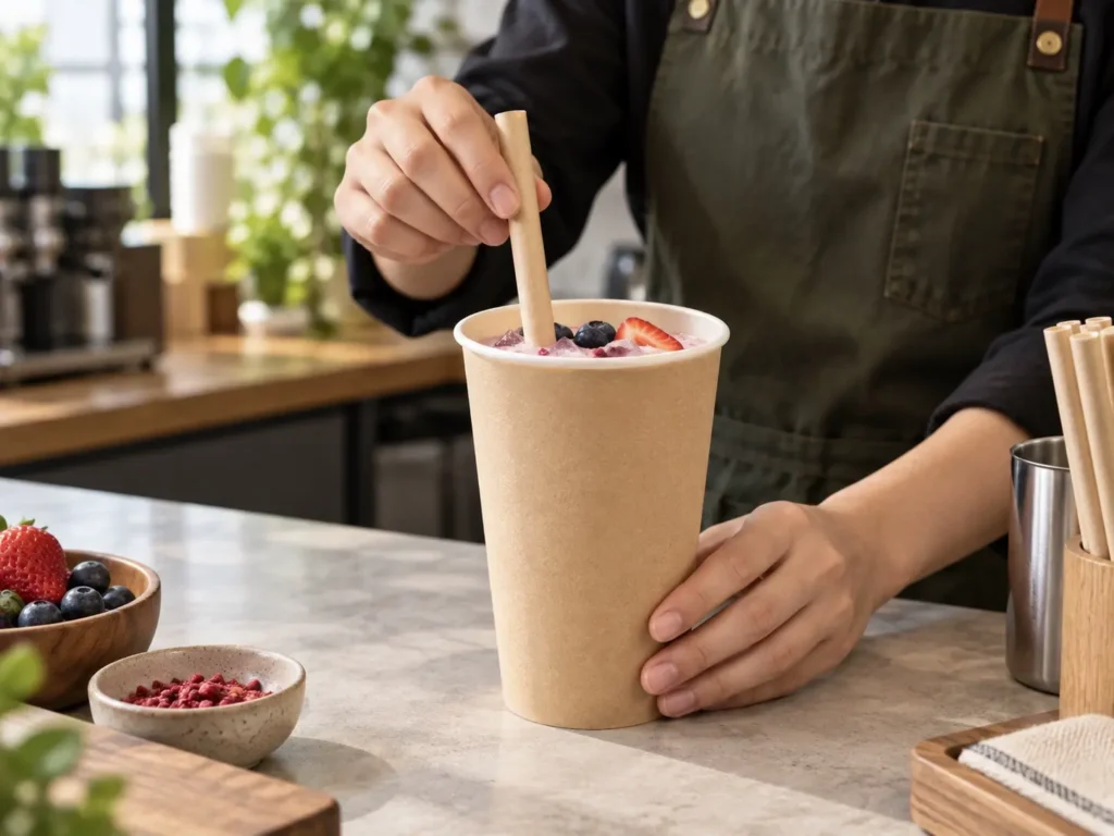 Barista checking space for ice, fruit toppings and a wide paper straw in a thick drink