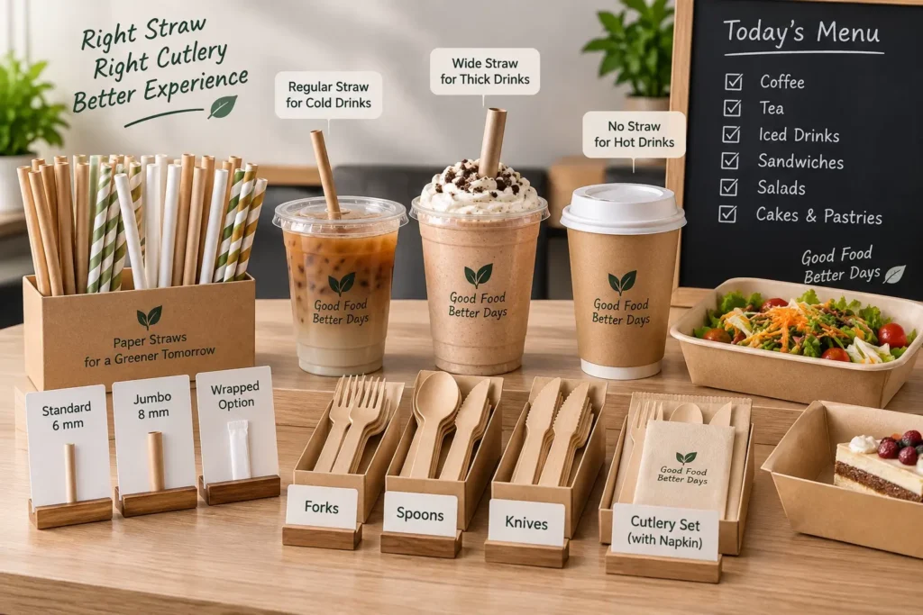 Paper Straws and Cutlery Matched to Menu Items