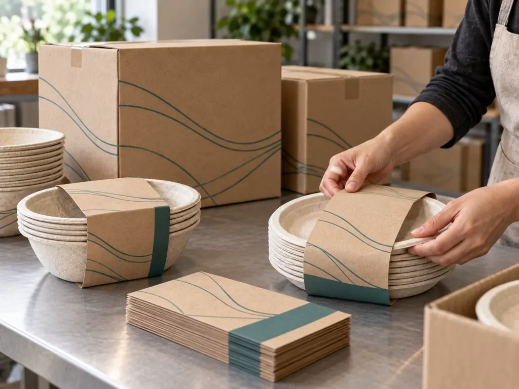 Private-label molded fiber bowls with branded paper sleeves and shipping cartons