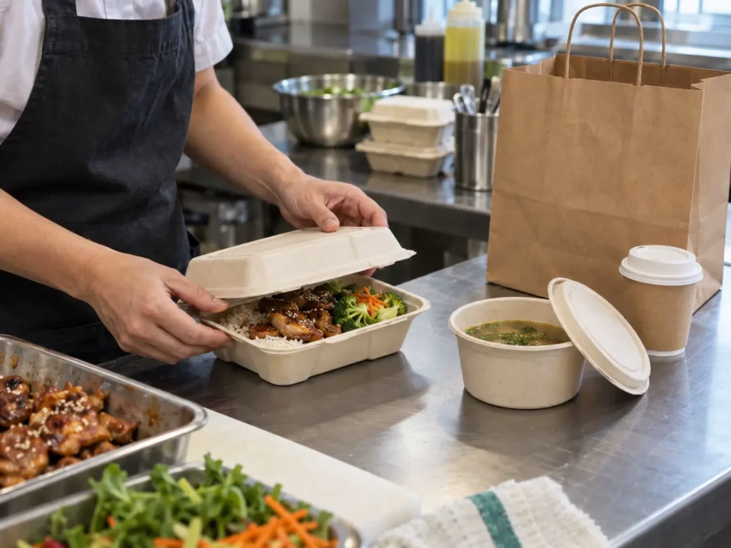 Restaurant worker testing takeaway food containers, lids, a paper cup and kraft bags during food preparation