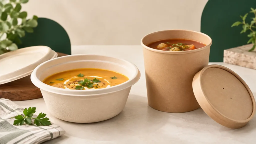 Emballages pour soupes et aliments liquides avec couvercles assortis