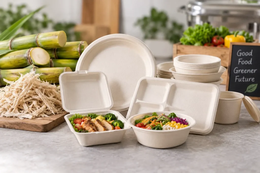 Sugarcane bagasse plates, bowls, trays and food containers made from molded plant fiber