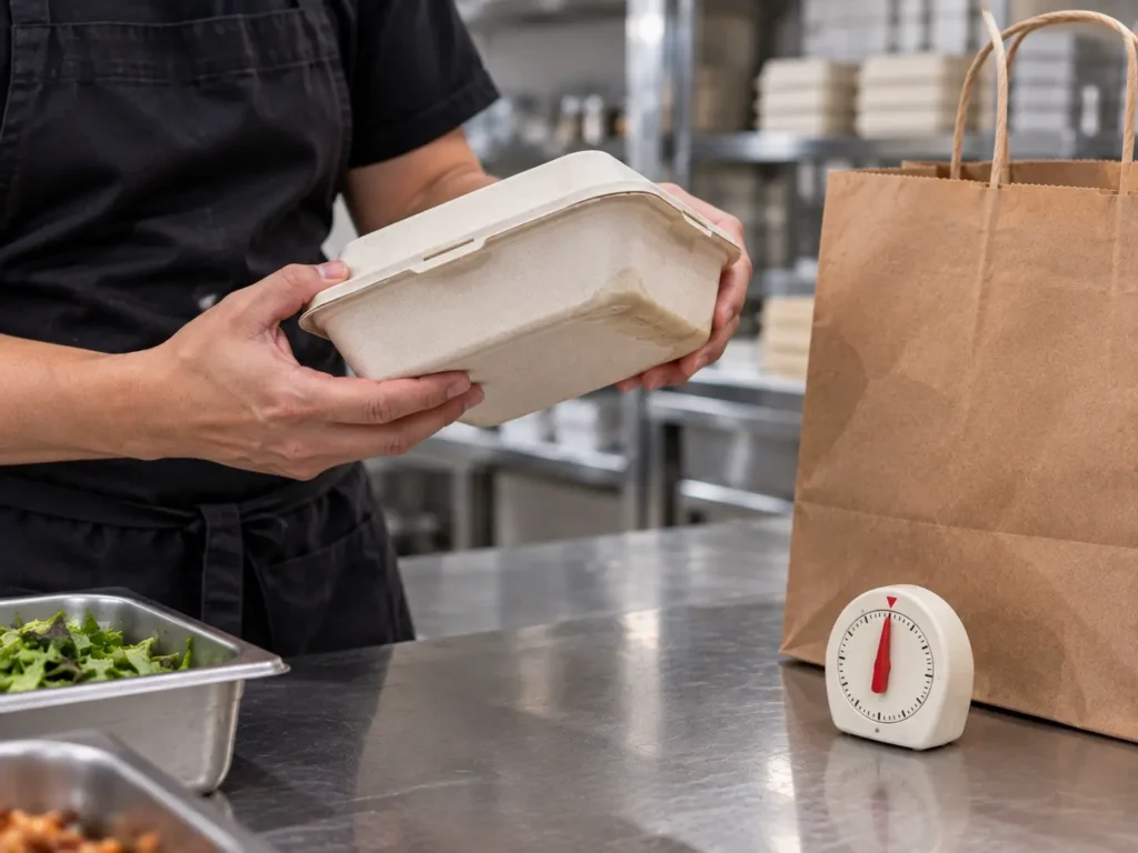 Un employé de restaurant examine un récipient alimentaire à côté d'un sac de livraison en papier kraft et d'un minuteur de cuisine
